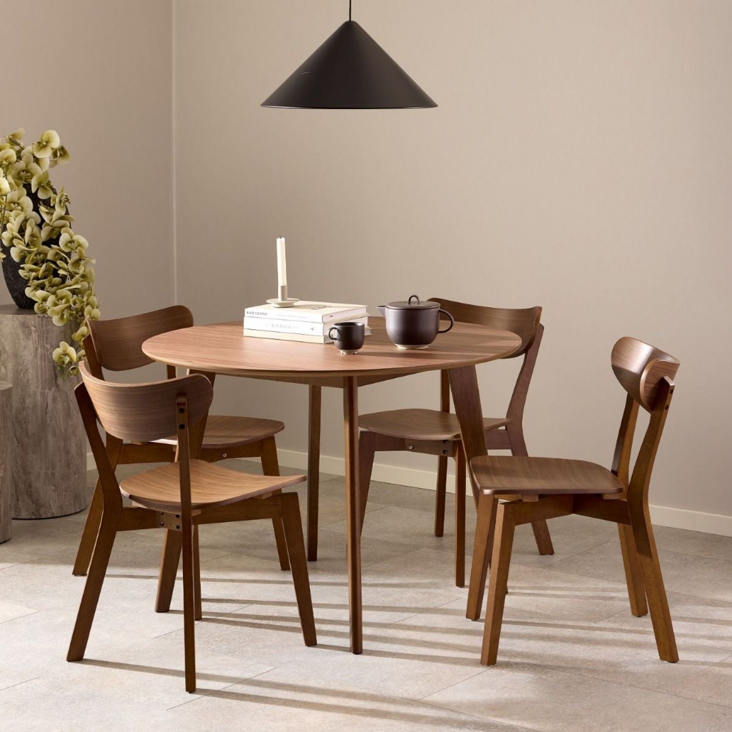 Roxby Round Dining Table in Walnut 105x76cm includes 4 Roxby Dining Chairs in Walnut