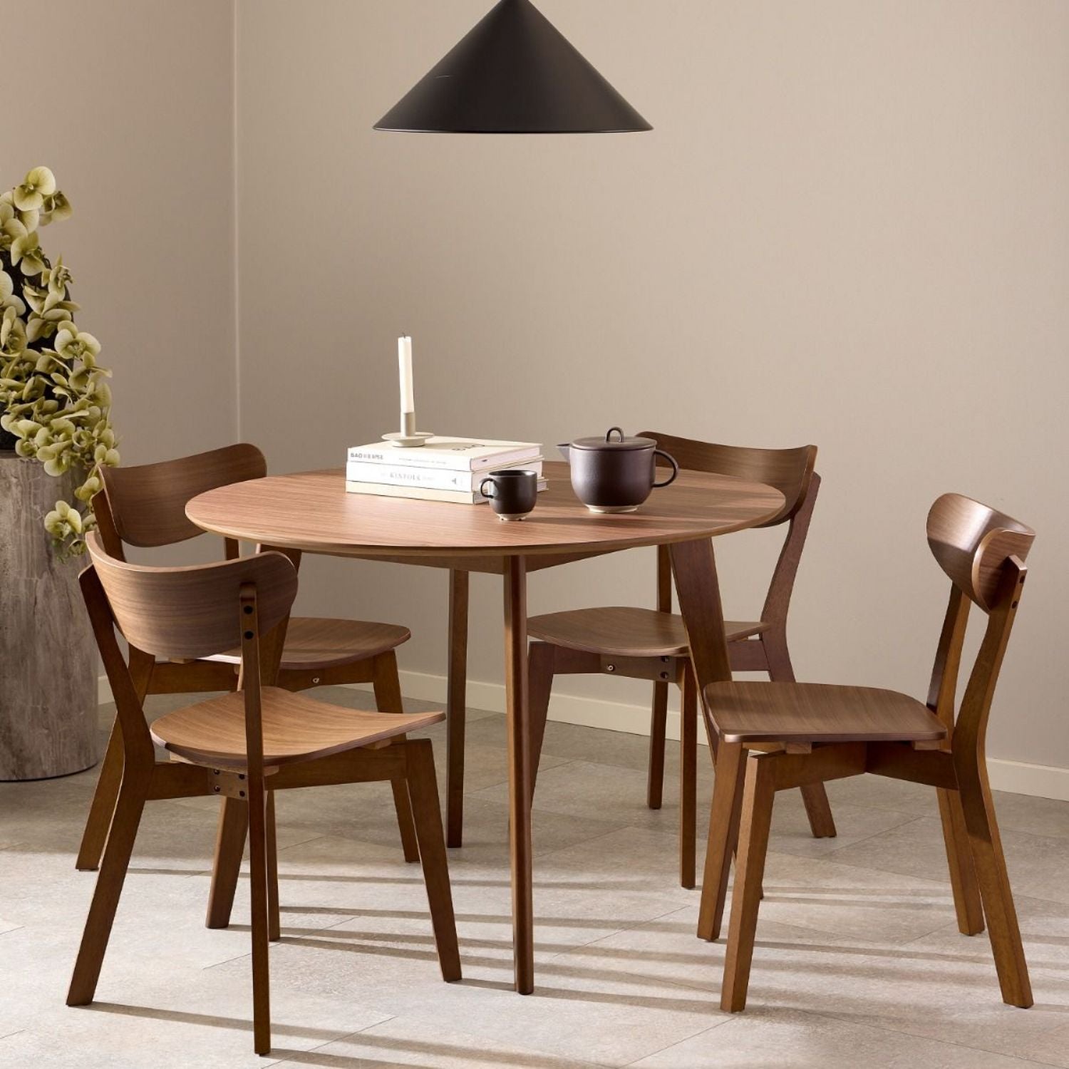 Roxby Round Dining Table in Walnut 120x76cm includes 4 Roxby Dining Chairs in Walnut