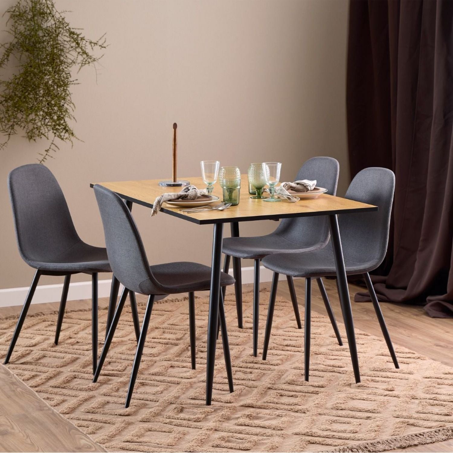 Wilma Dining Table Oak Top &amp; Black Legs 120x75cm includes 4 Celia Dining Chairs in Light Grey