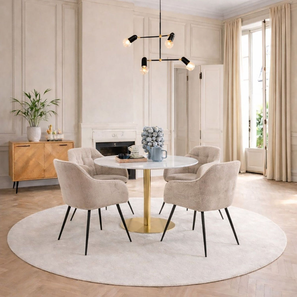 Corby Round Dining Table with White Polished Marble Top &amp; Gold Base inc 4 Brooke Dining Chairs with Armrests in Monza Beige