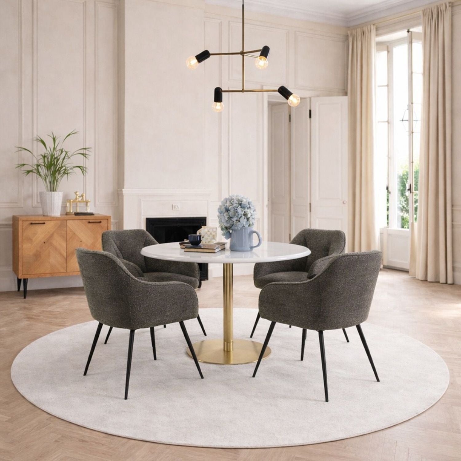 Corby Round Dining Table with White Polished Marble Top &amp; Gold Base inc 4 Brooke Dining Chairs with Armrests in Taupe