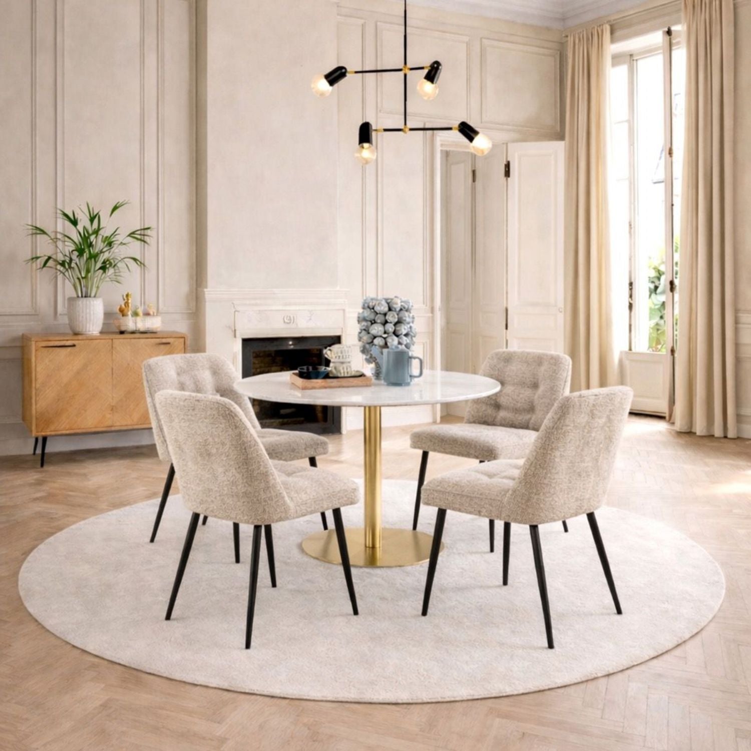 Corby Round Dining Table with White Polished Marble Top &amp; Gold Base inc 4 Brooke Dining Chairs in Beige