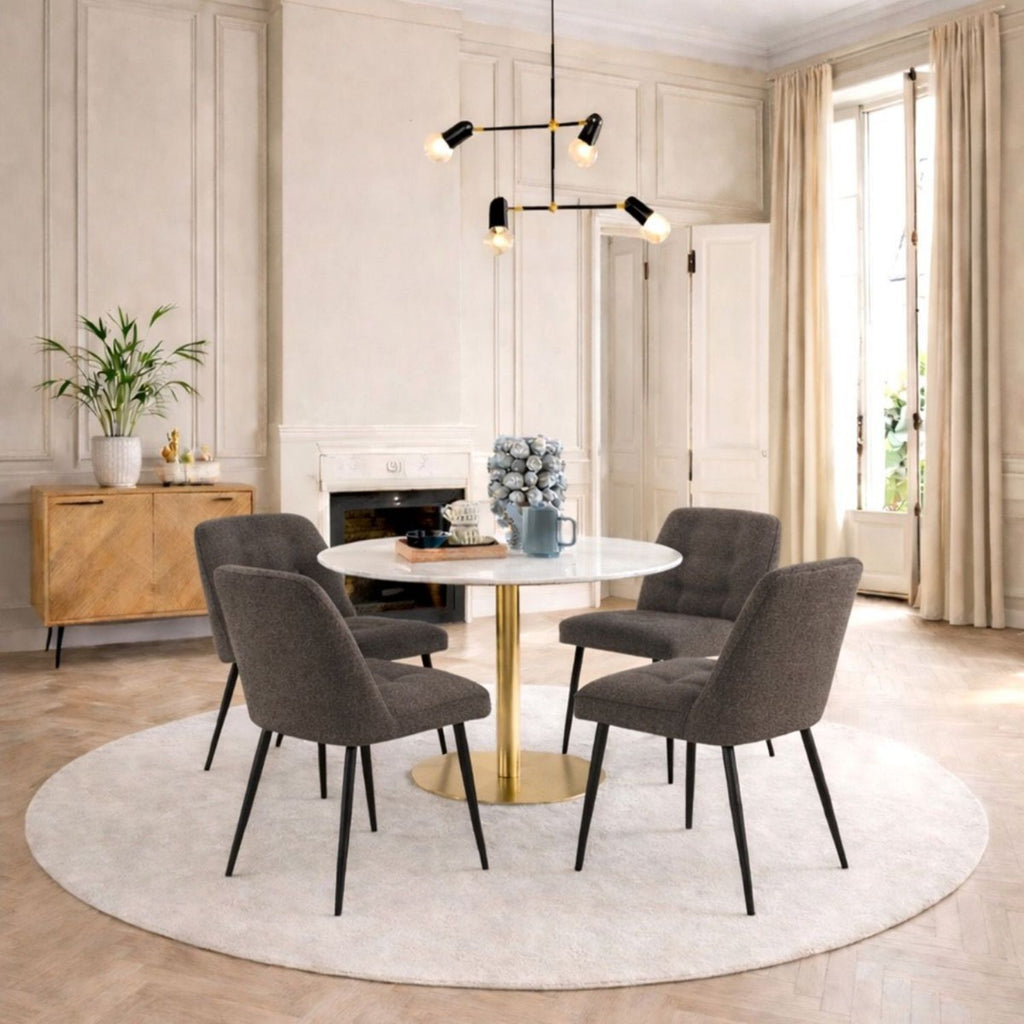 Corby Round Dining Table with White Polished Marble Top &amp; Gold Base inc 4 Brooke Dining Chairs in Taupe