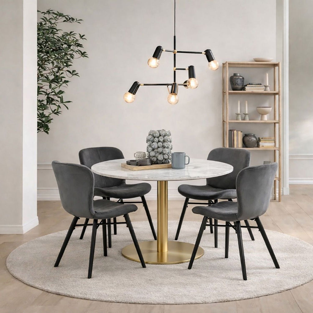 Corby Round Dining Table with White Polished Marble Top &amp; Gold Base inc 4 Batilda Dining Chairs in Dark Grey