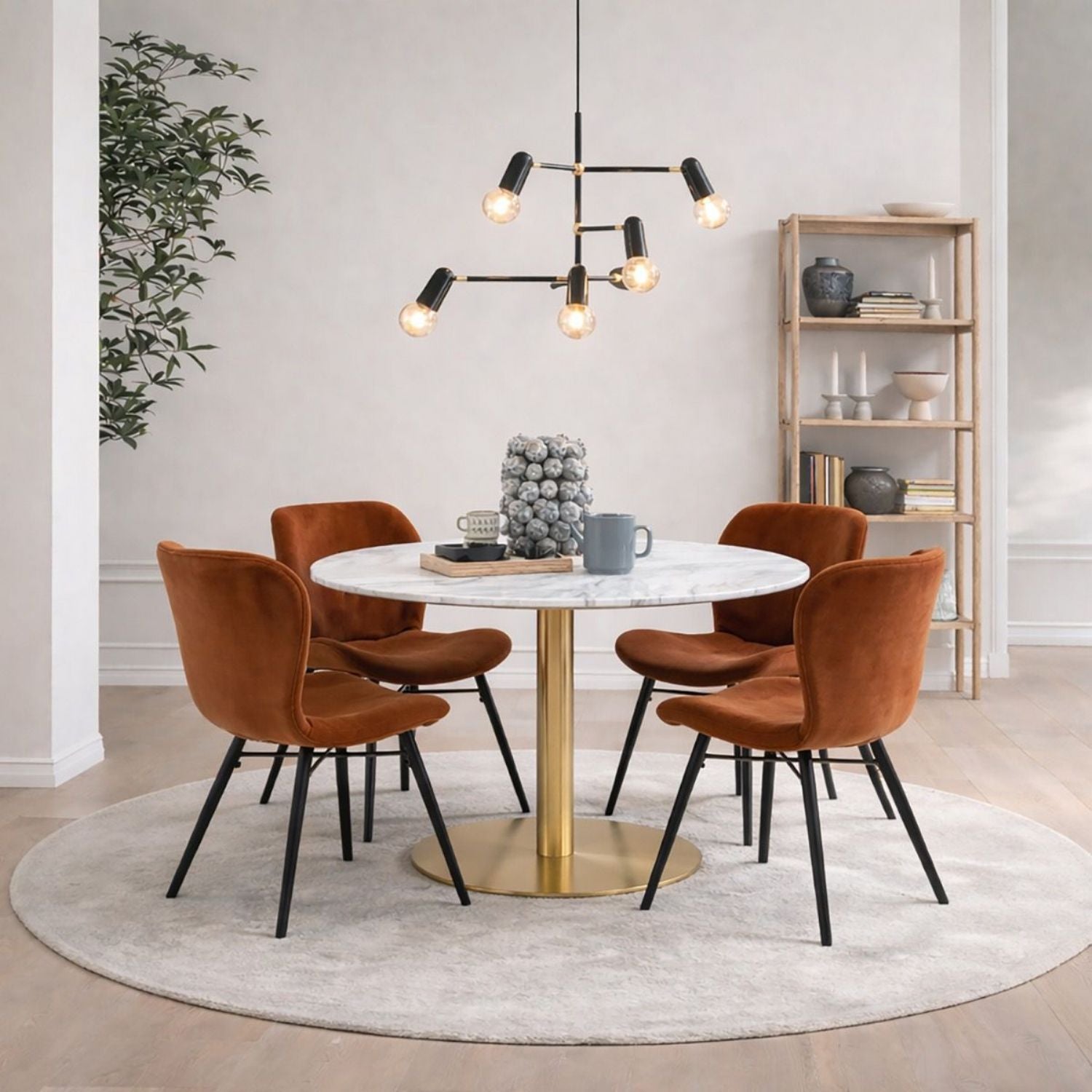 Corby Round Dining Table with White Polished Marble Top &amp; Gold Base inc 4 Batilda Dining Chairs in Copper
