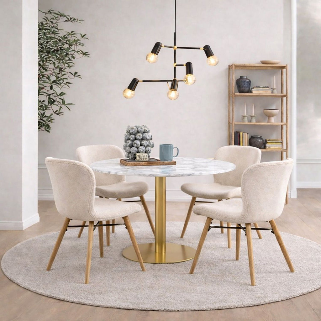 Corby Round Dining Table with White Polished Marble Top &amp; Gold Base inc 4 Batilda Dining Chairs in Cream Oak Legs