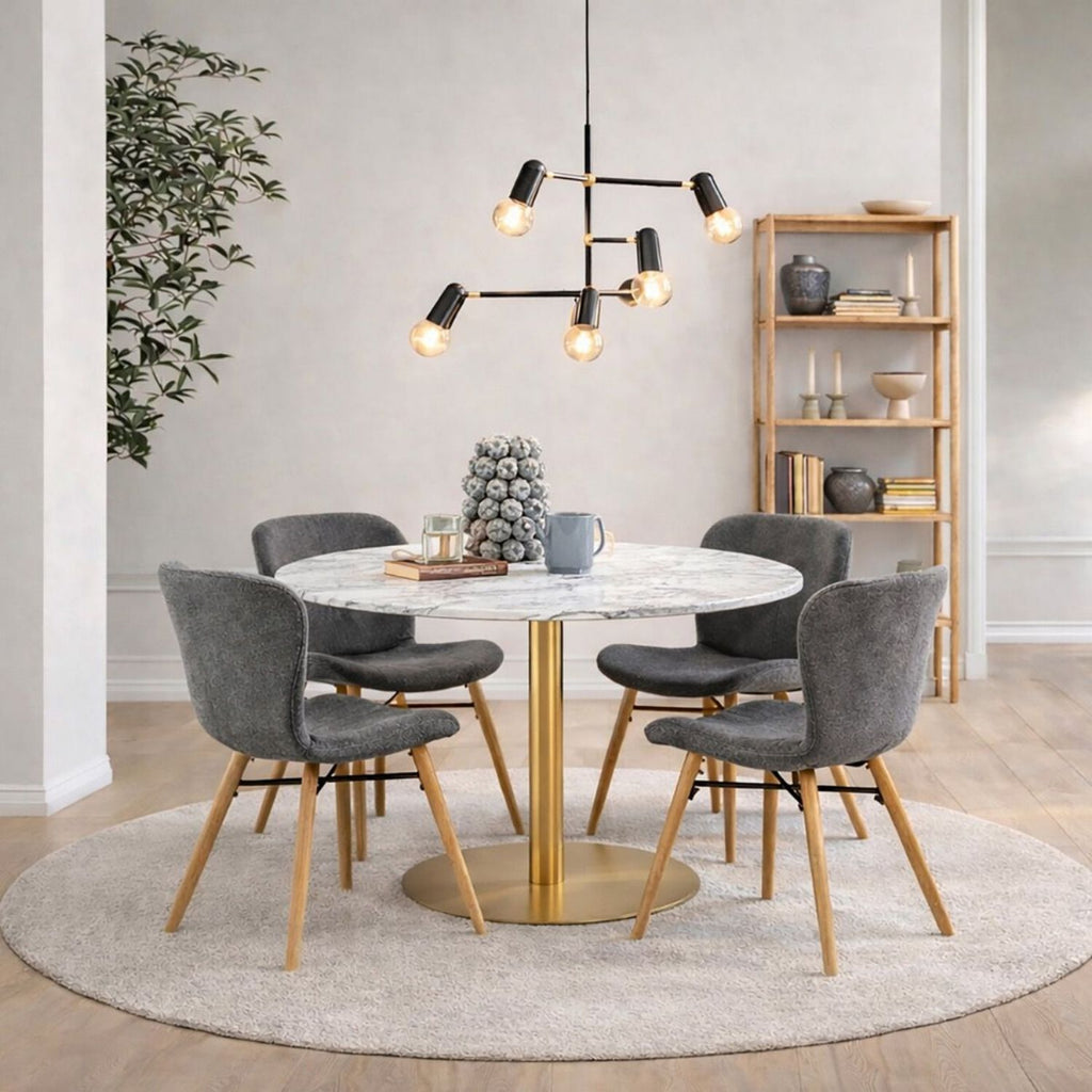 Corby Round Dining Table with White Polished Marble Top &amp; Gold Base inc 4 Batilda Dining Chairs in Grey Oak Legs