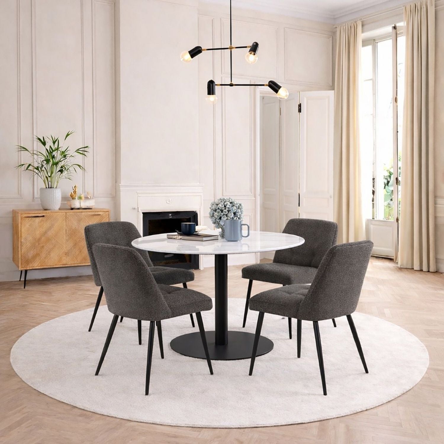 Corby Round Dining Table with White Polished Marble Top &amp; Black Base inc 4 Brooke Dining Chairs in Taupe