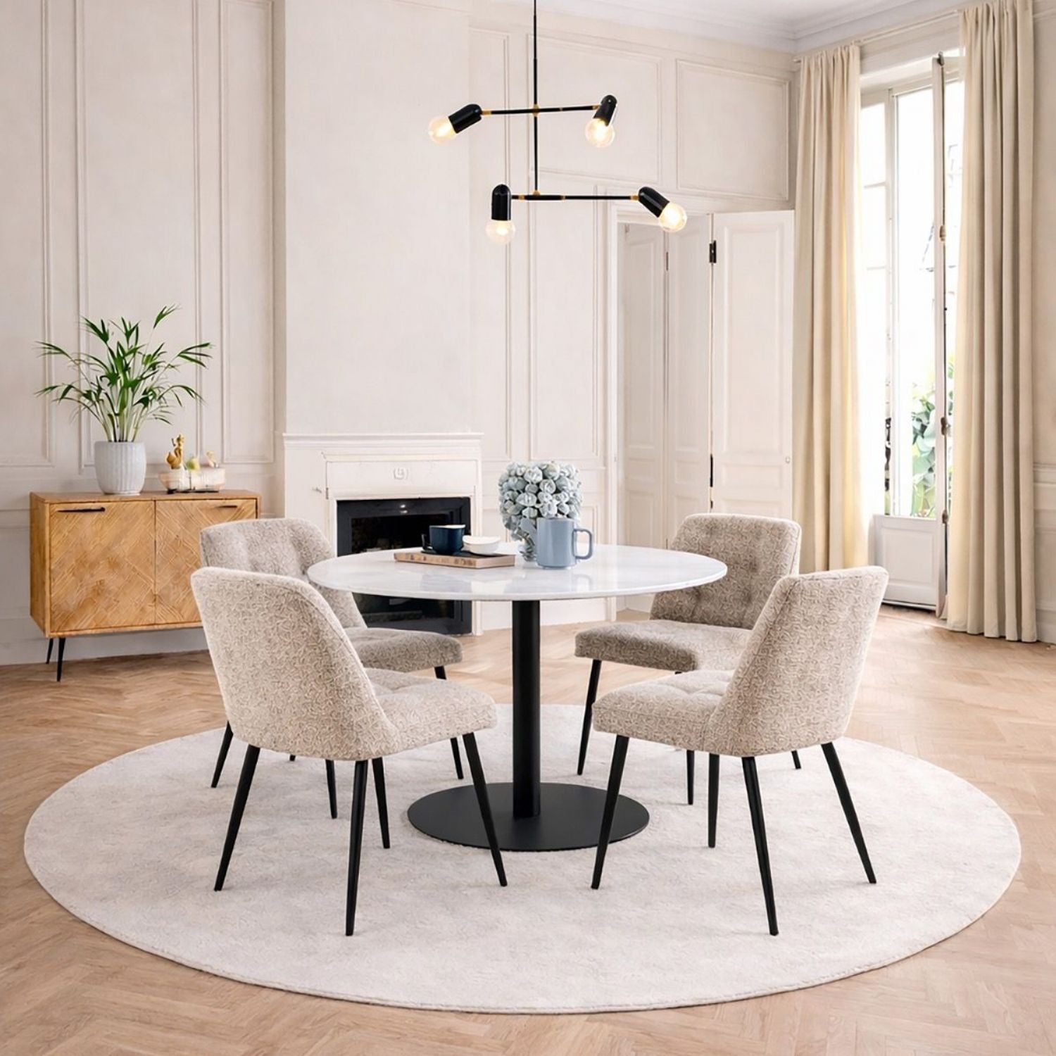 Corby Round Dining Table with White Polished Marble Top &amp; Black Base inc 4 Brooke Dining Chairs in Beige