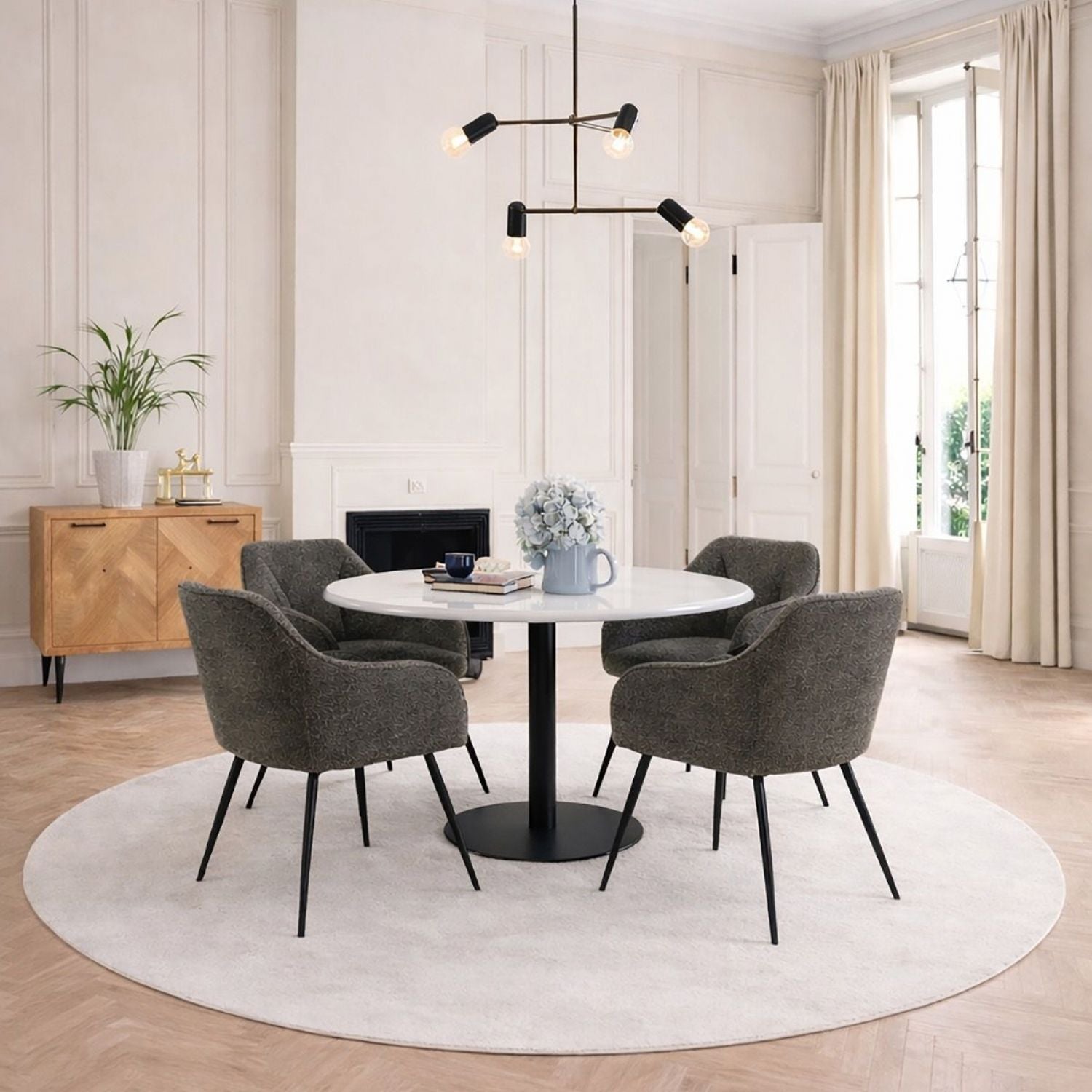 Corby Round Dining Table with White Polished Marble Top &amp; Black Base inc 4 Brooke Dining Chairs with Arm Rest in Taupe