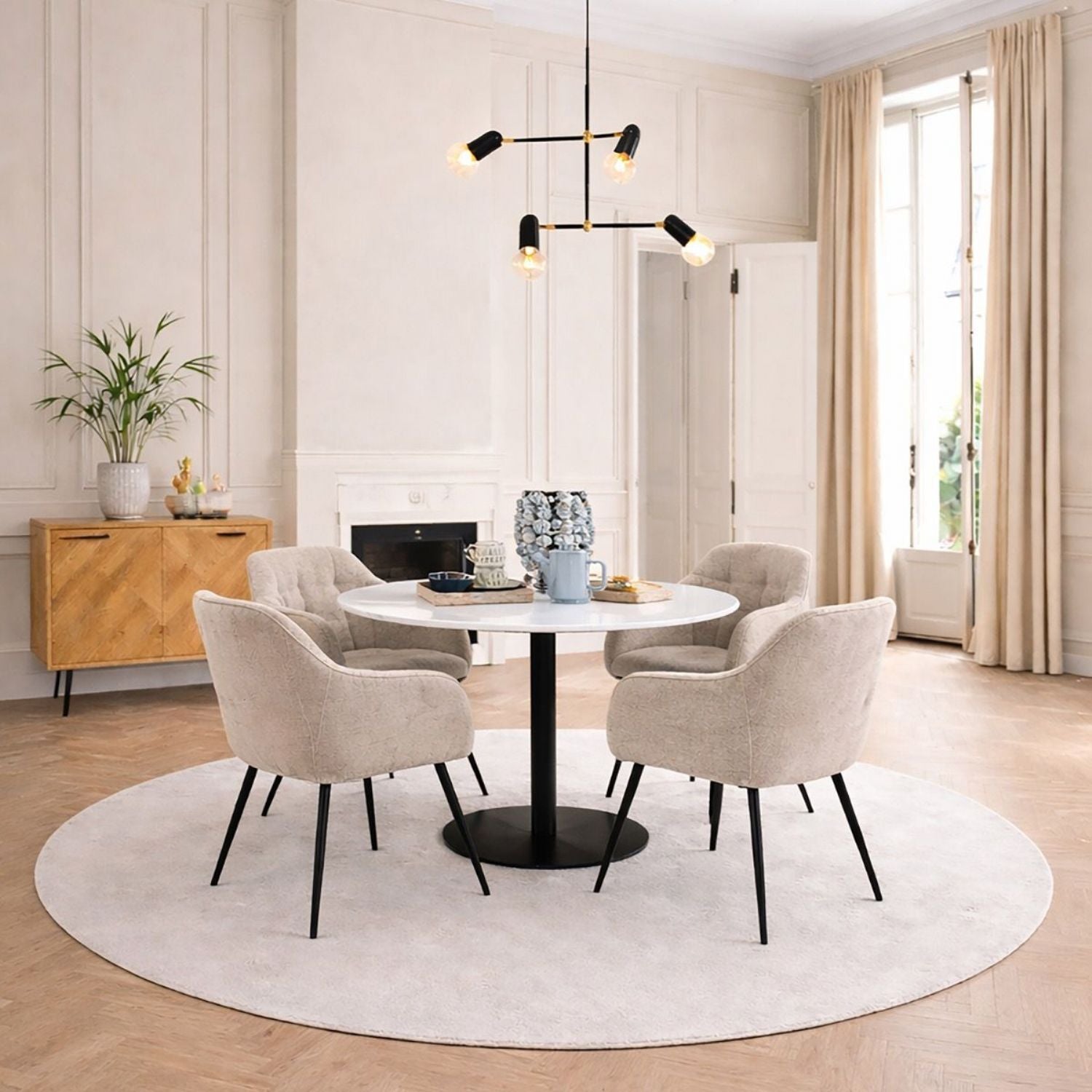 Corby Round Dining Table with White Polished Marble Top &amp; Black Base inc 4 Brooke Dining Chairs with Arm Rest in Monza Beige
