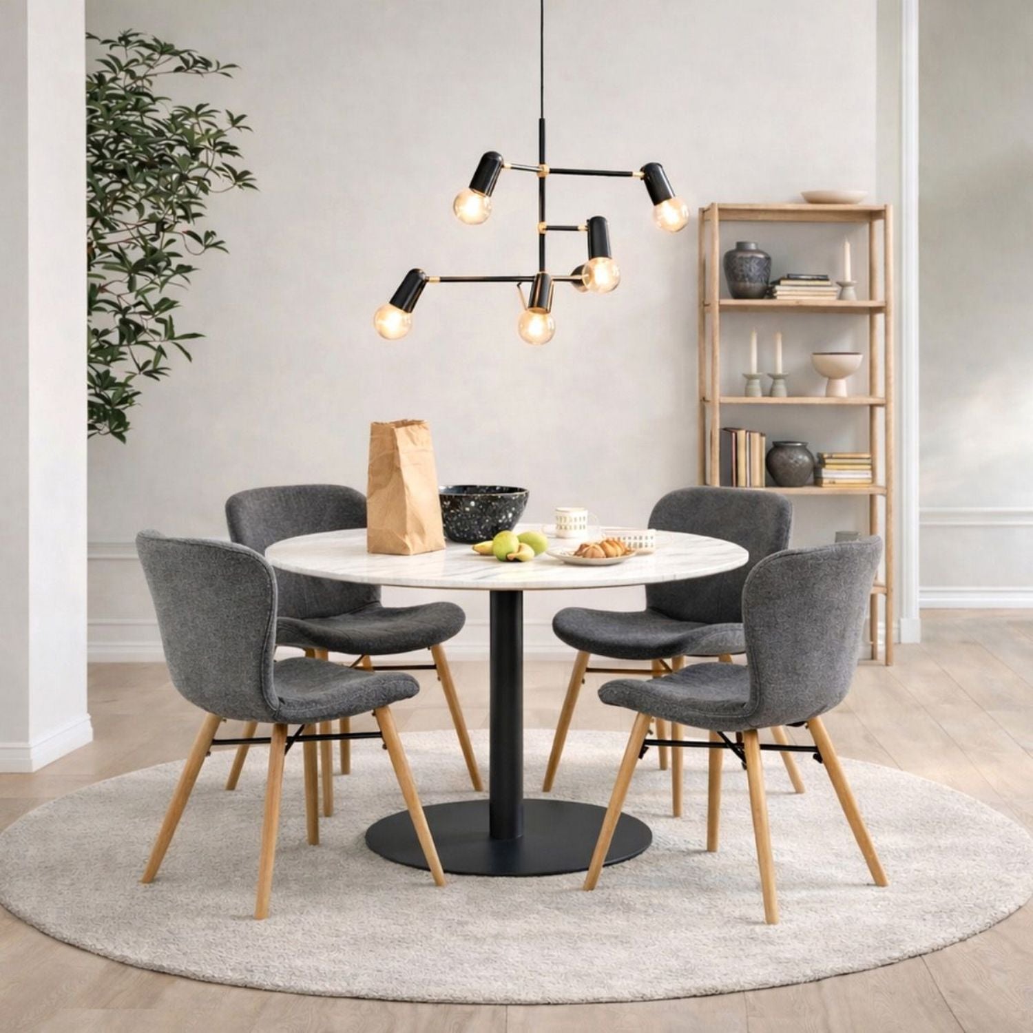 Corby Round Dining Table with White Polished Marble Top &amp; Black Base inc 4 Batilda Dining Chairs in Grey Oak
