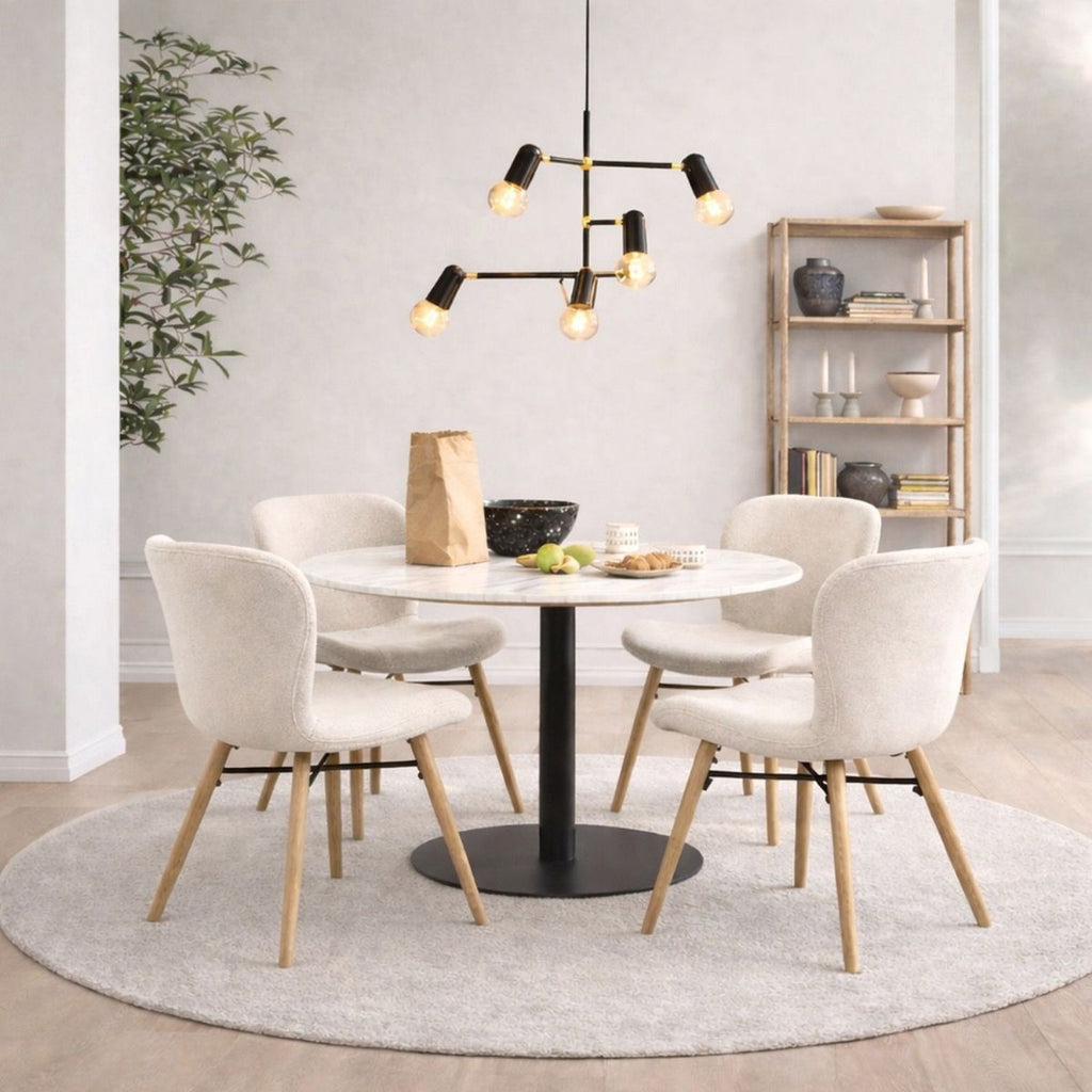 Corby Round Dining Table with White Polished Marble Top &amp; Black Base inc 4 Batilda Dining Chairs in Cream Oak