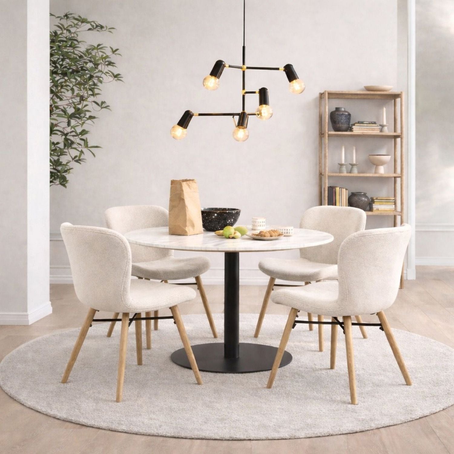 Corby Round Dining Table with White Polished Marble Top &amp; Black Base inc 4 Batilda Dining Chairs in Cream Oak
