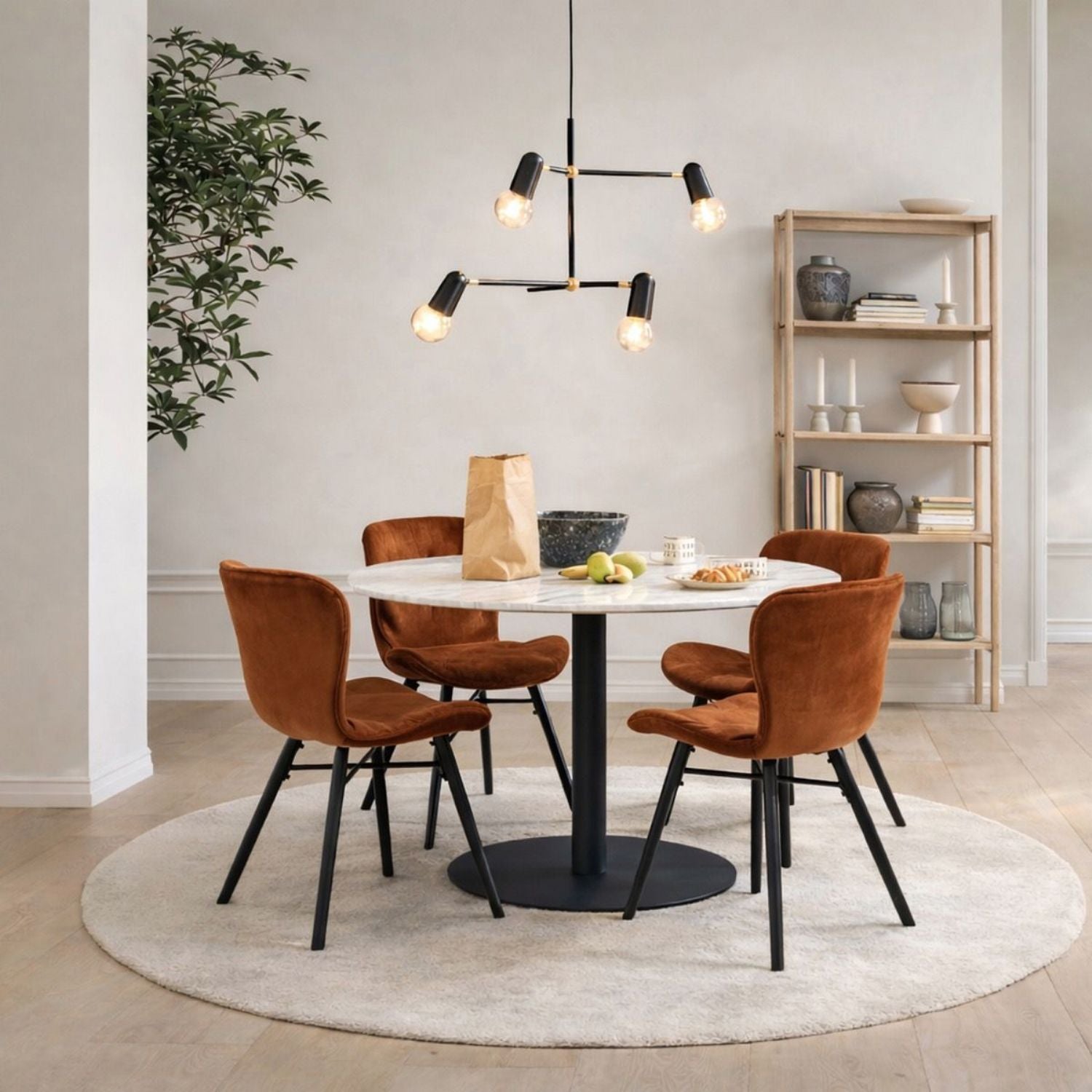 Corby Round Dining Table with White Polished Marble Top &amp; Black Base inc 4 Batilda Dining Chairs in Copper
