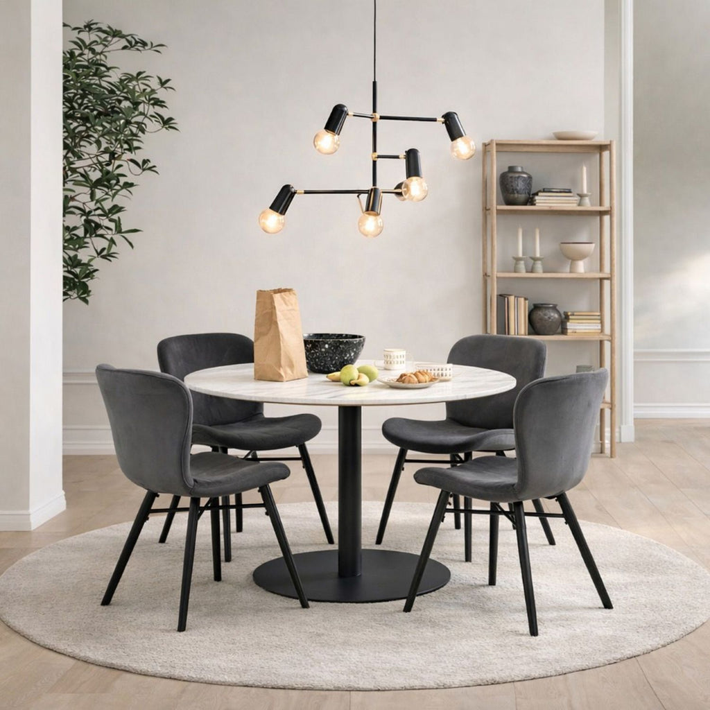 Corby Round Dining Table with White Polished Marble Top &amp; Black Base inc 4 Batilda Dining Chairs in Dark Grey