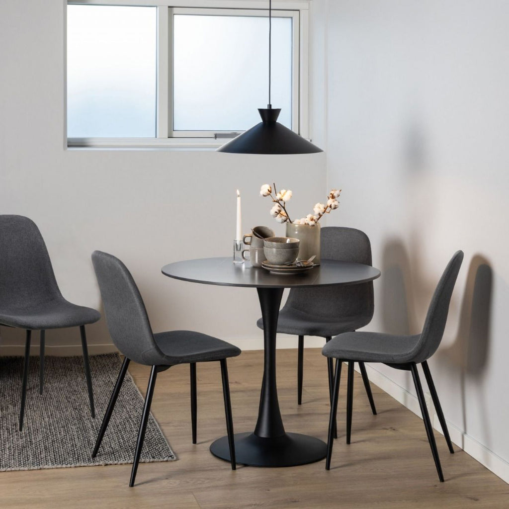 Malta Ceramic Round Dining Table in Black 90x75cm includes 4 Celia Dining Chairs in Light Grey