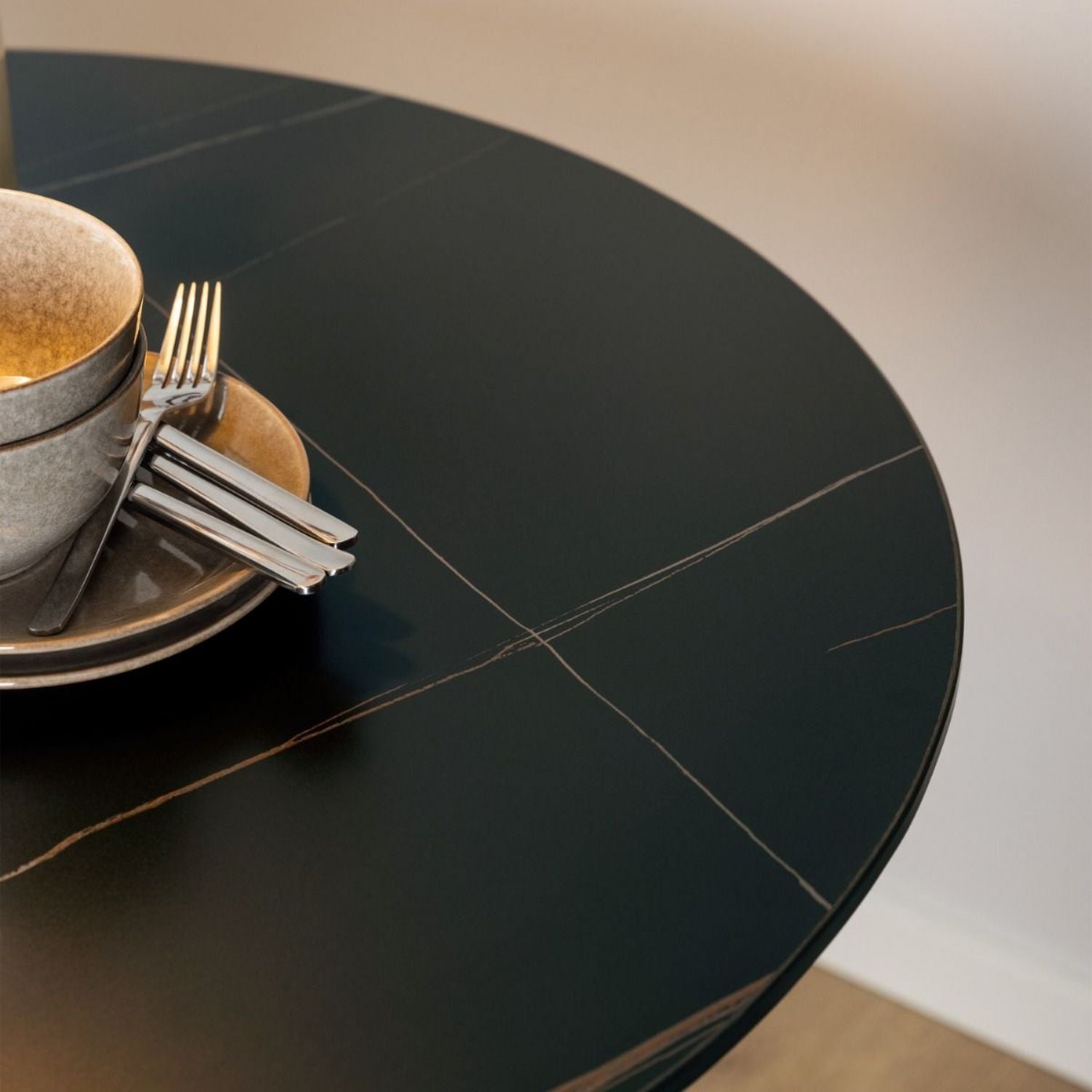 Malta Ceramic Round Dining Table in Black 90x75cm includes 4 Celia Dining Chairs in Light Grey