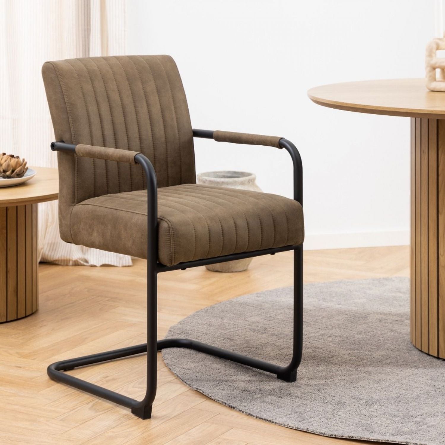 Yale Dining Table in Oak 120x75cm includes 4 Adele Fabric Dining Chairs in Light Brown