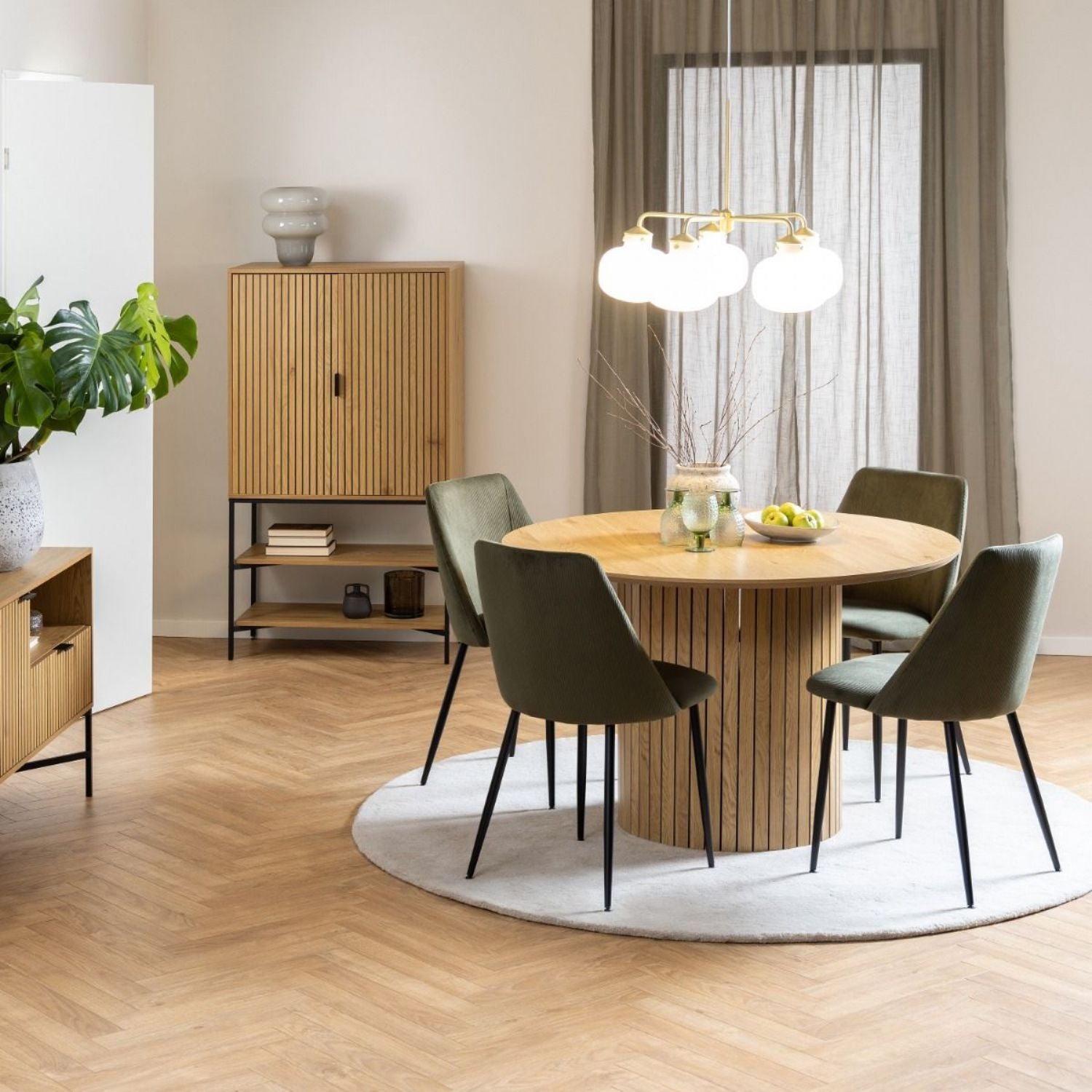 Yale Dining Table in Oak 120x75cm includes 4 Ines Dining Chairs in Olive Green