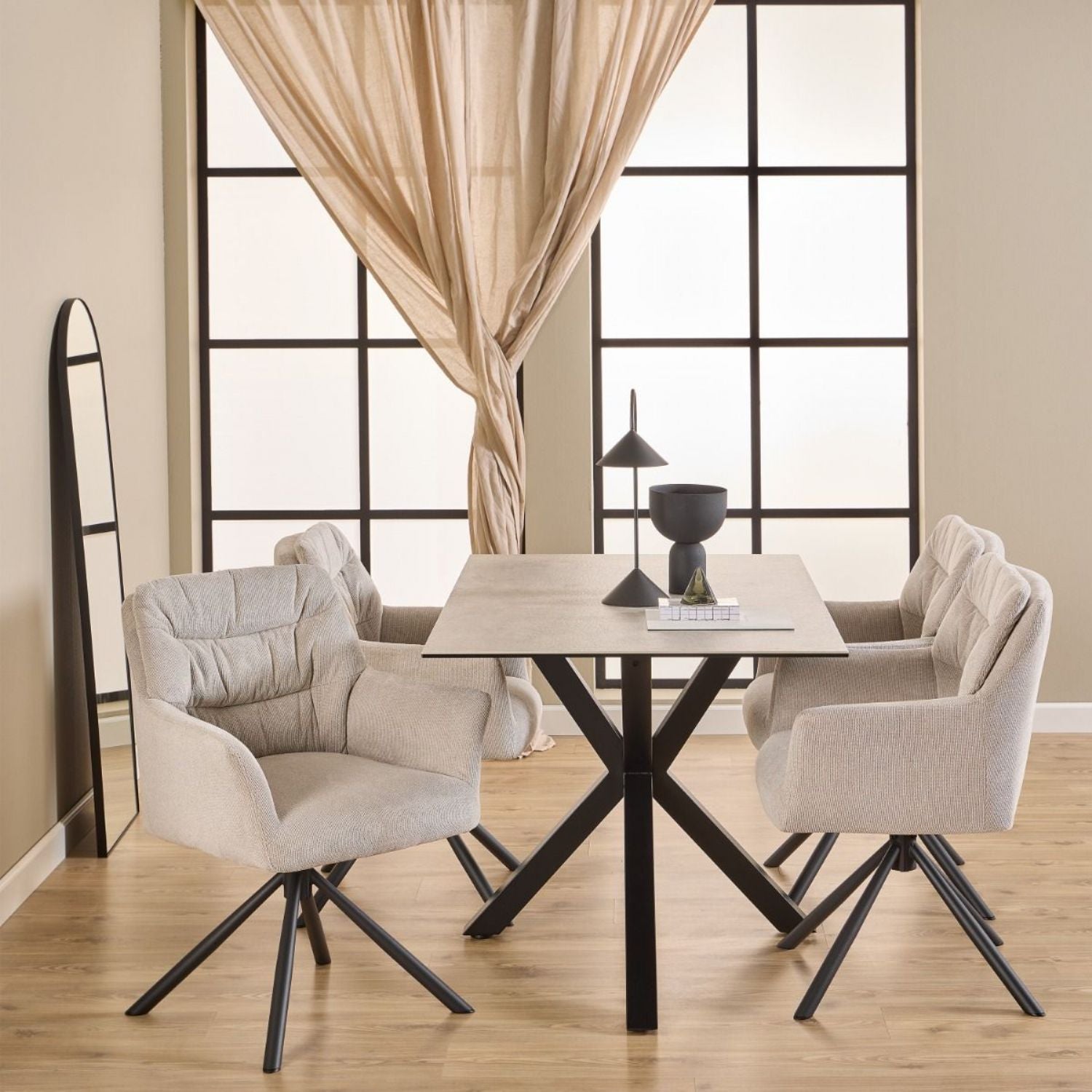 Heaven Dining Table Ceramic White Top 135cm includes 4 Alonso Swivel Cream Dining Chairs includes Armrest