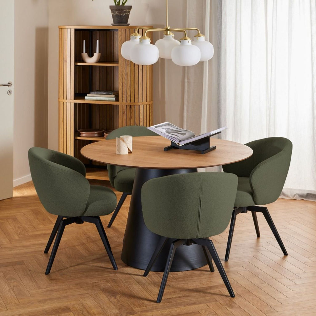 Soli Round Dining Table in Oak and Black 120x75cm includes 4 Darlene Dining Chair includes Armrest and Swivel Function in Green