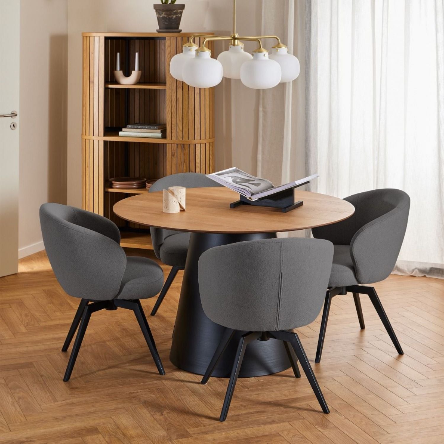 Soli Round Dining Table in Oak and Black 120x75cm Includes 4 Darlene Dining Chair with Armrest and Swivel Function in Grey