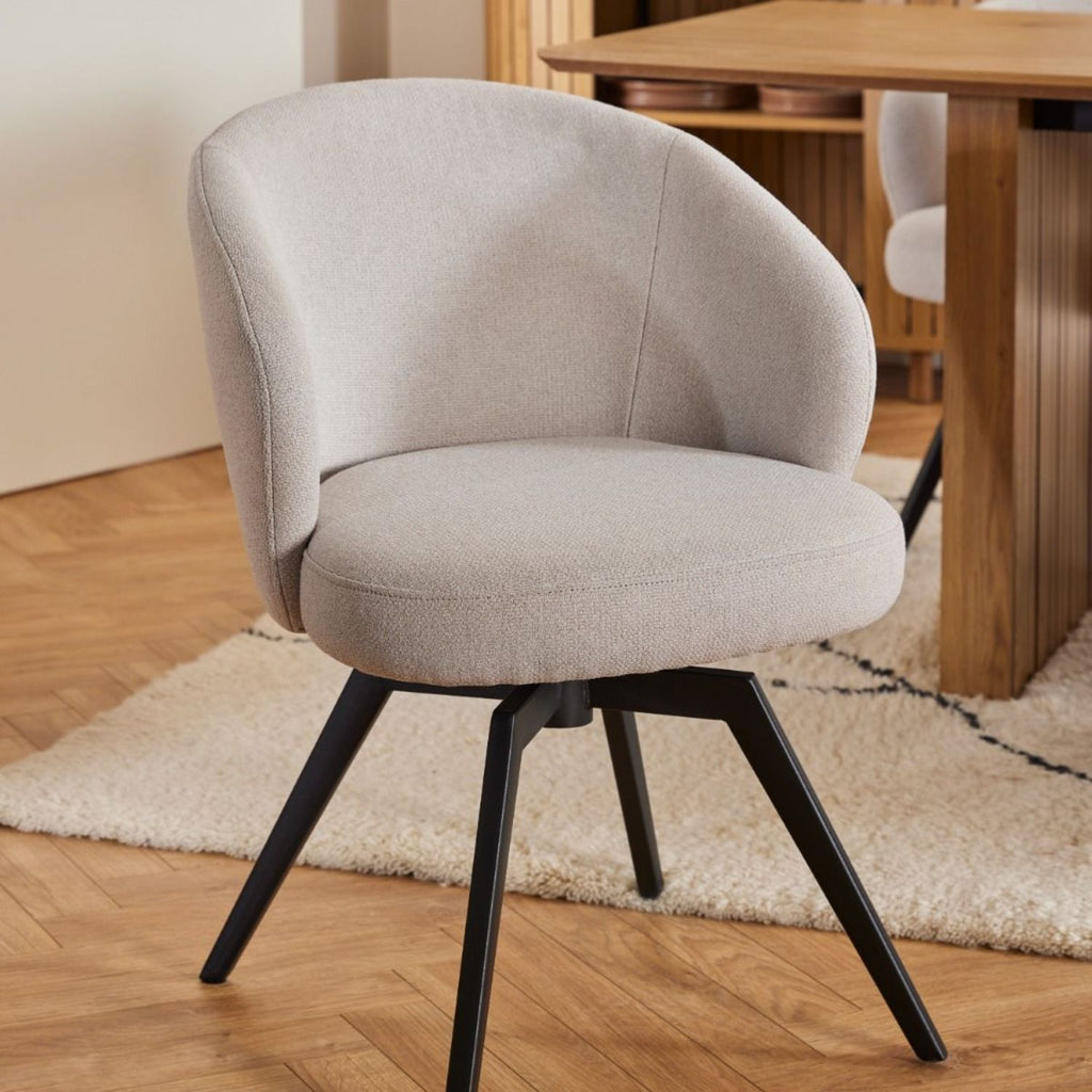 Soli Round Dining Table in Oak and Black 120x75cm includes 4 Darlene Dining Chair includes Armrest and Swivel Function in Beige