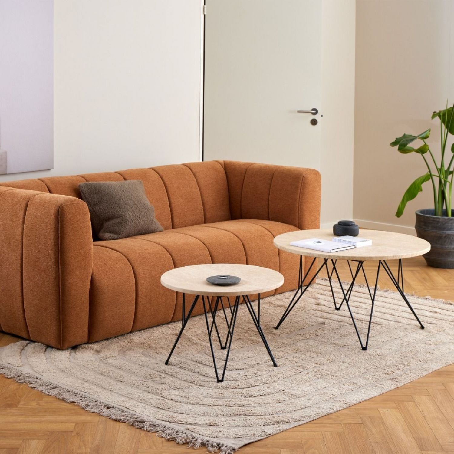 Prunus Round Side Table in Matt Beige and Black Coated Steel Base 55x41.4cm
