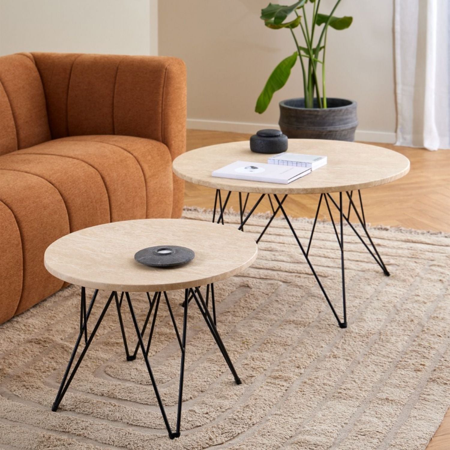 Prunus Round Side Table in Matt Beige and Black Coated Steel Base 55x41.4cm