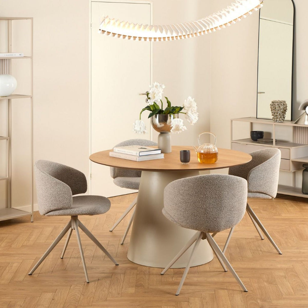 Soli Round Dining Table in Oak and Grey 120x75cm includes 4 Ella Swivel Beige Dining Chair