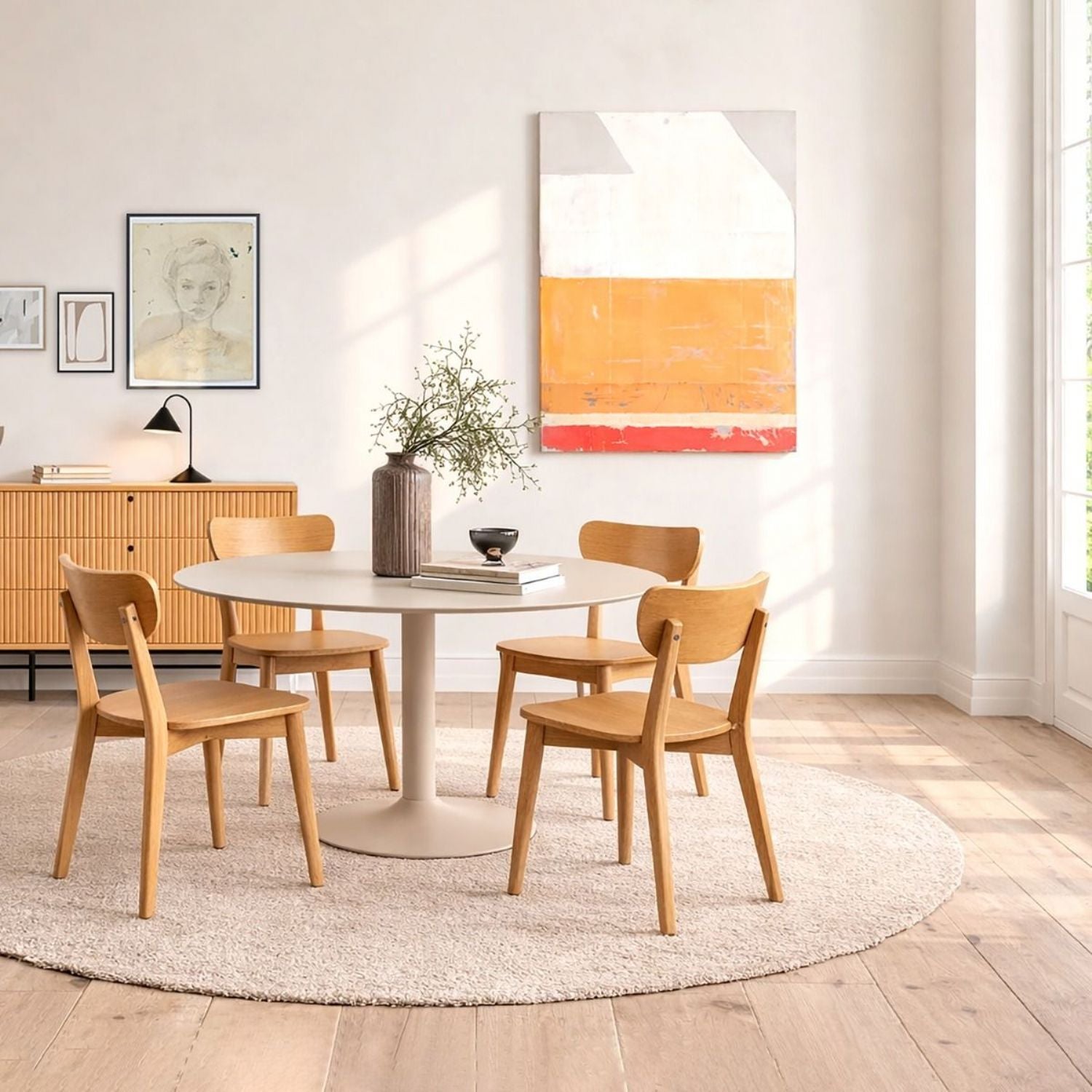 Ibiza Round Beige Dining Table with 4 Roxby Dining Chairs in Oak