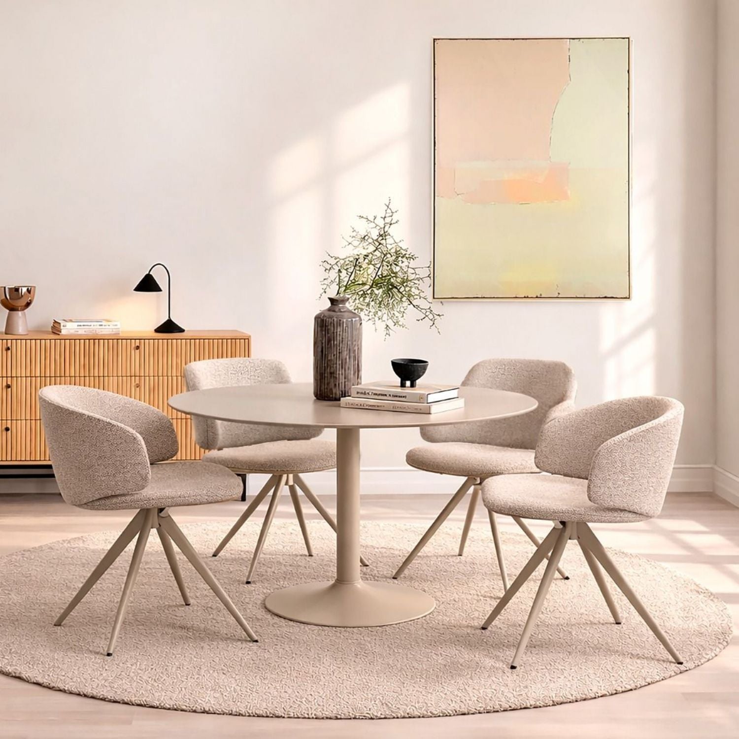 Ibiza Round Beige Dining Table with 4 Ella Swivel Cream Dining Chair