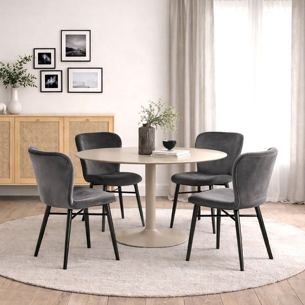 Ibiza Round Beige Dining Table with 4 Batilda Dining Chairs in Dark Grey