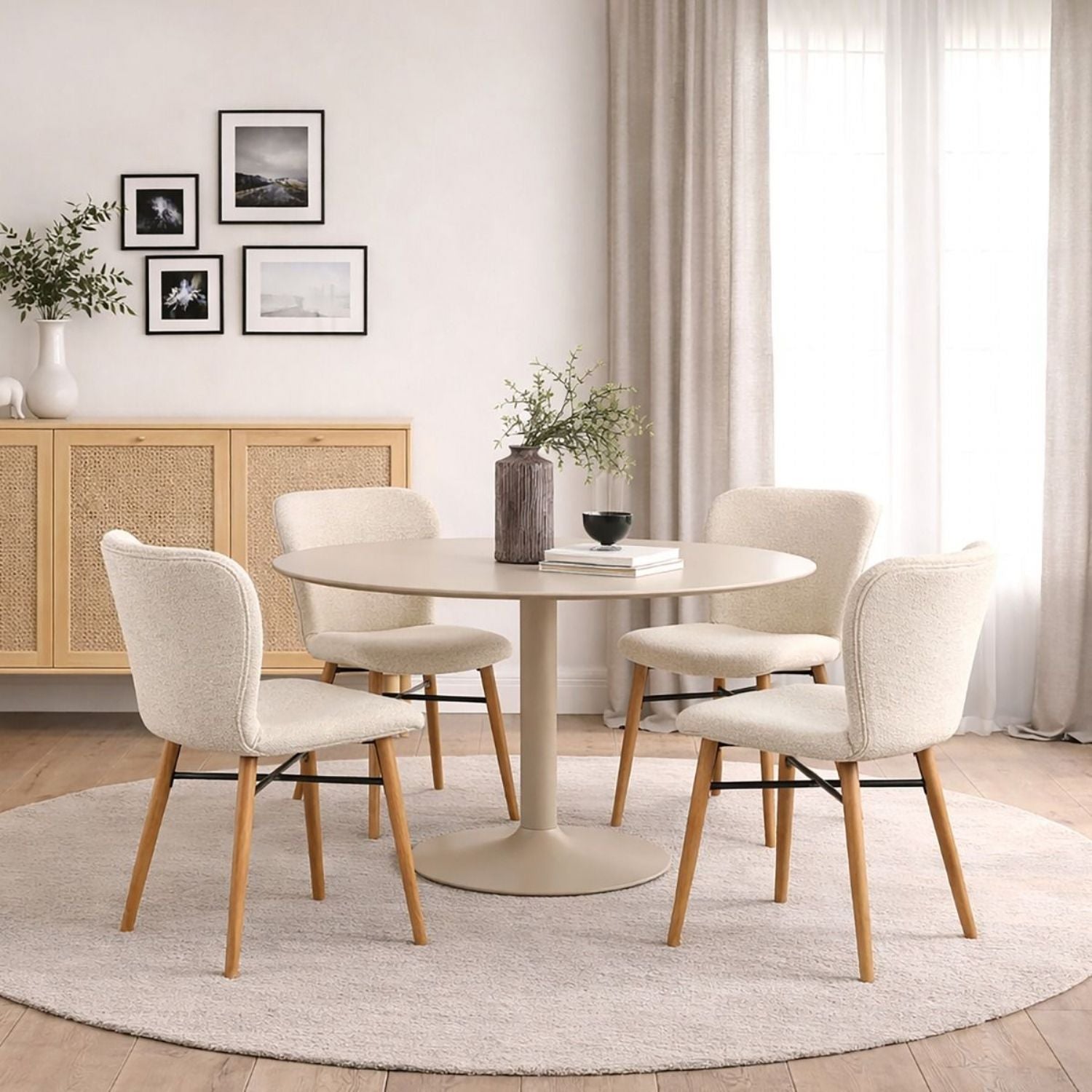 Ibiza Round Beige Dining Table with 4 Batilda Dining Chairs Cream Oak