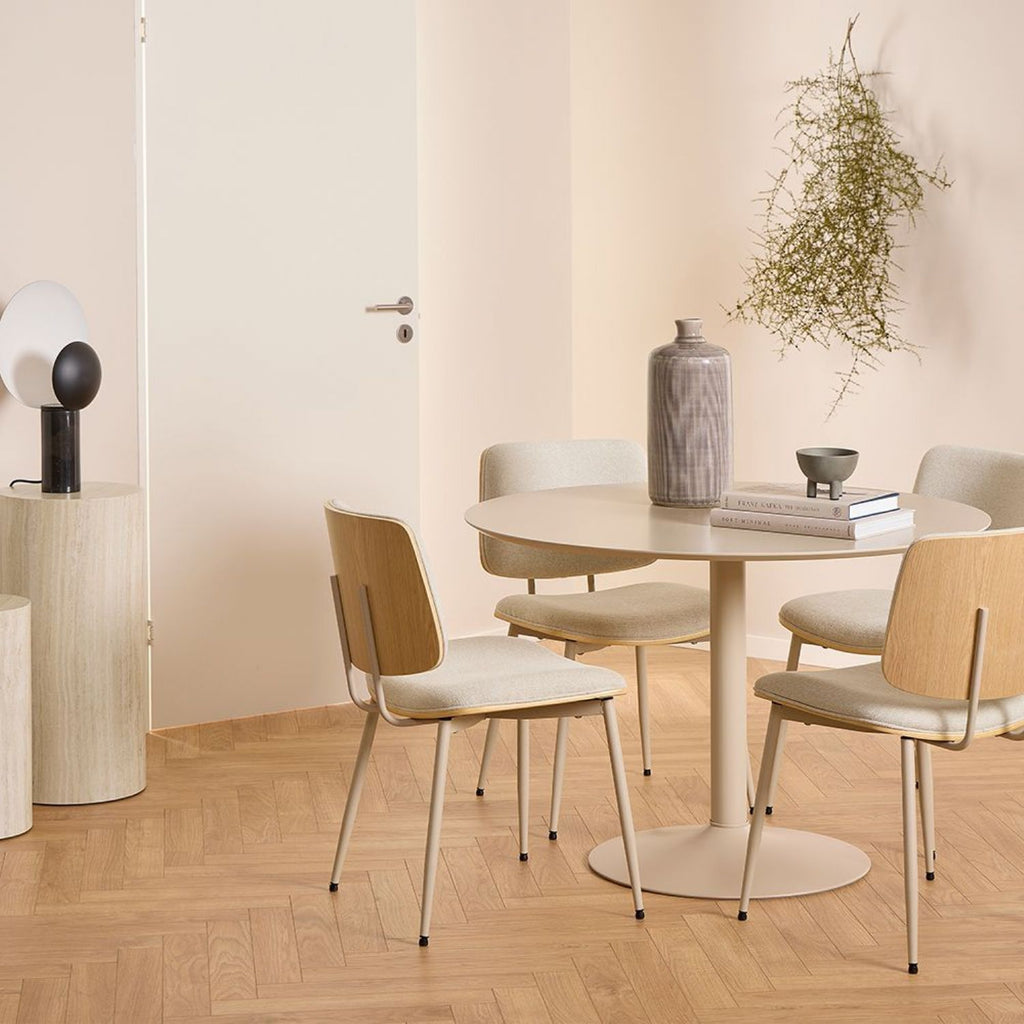 Ibiza Round Beige Dining Table with 4 Owen Dining Chairs in Beige