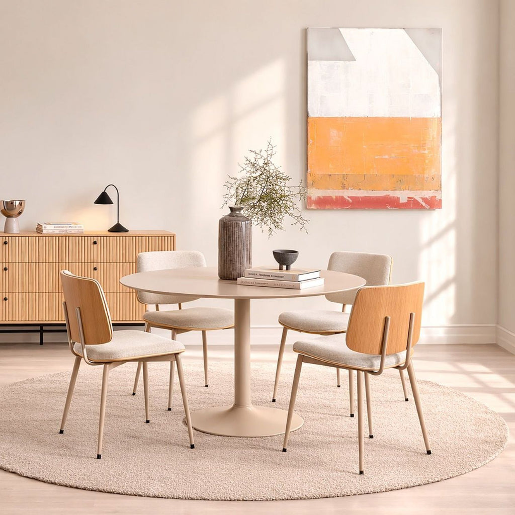 Ibiza Round Beige Dining Table with 4 Owen Dining Chairs in Beige