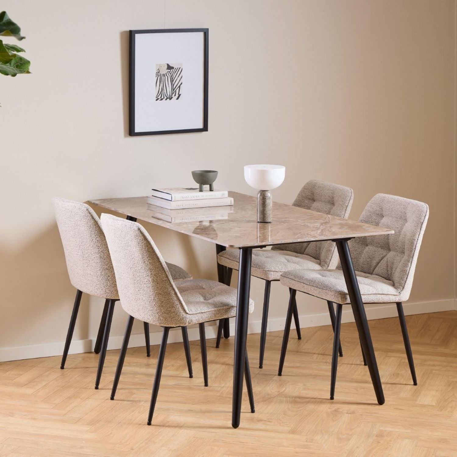 Wicklow Ceramic Dining Table Brown and Black 140x75cm includes 4 Brooke Dining Chair in Monza Beige