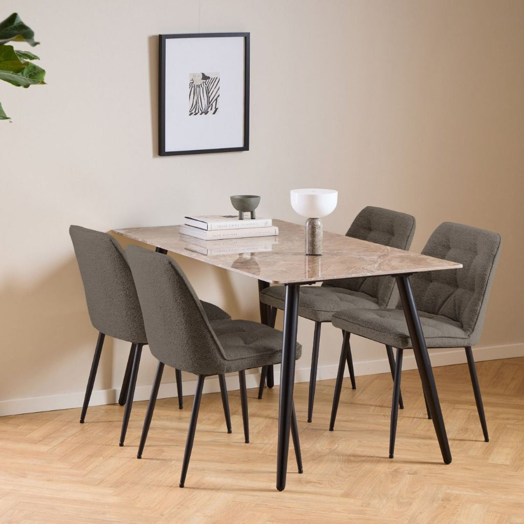 Wicklow Ceramic Dining Table Brown and Black 140x75cm includes 4 Brooke Dining Chair in Taupe