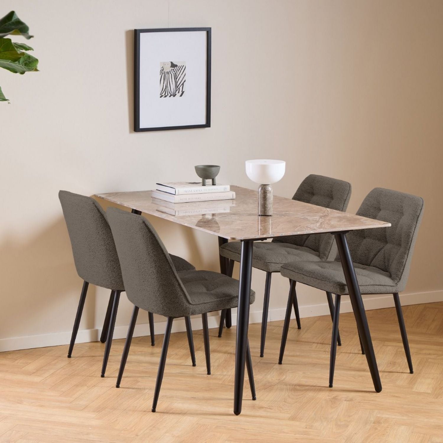 Wicklow Ceramic Dining Table Brown and Black 140x75cm includes 4 Brooke Dining Chair in Taupe