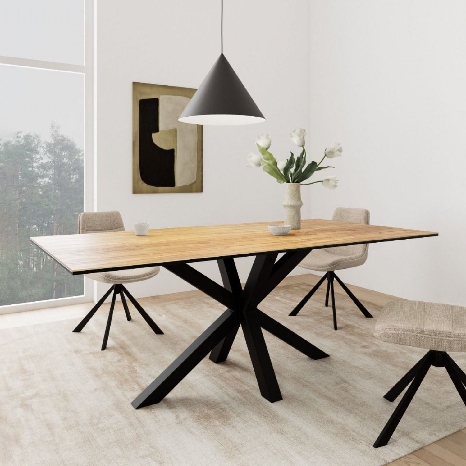 Heaven Dining Table with Wild Oak Ceramic Glass Top in Black 200x100cm