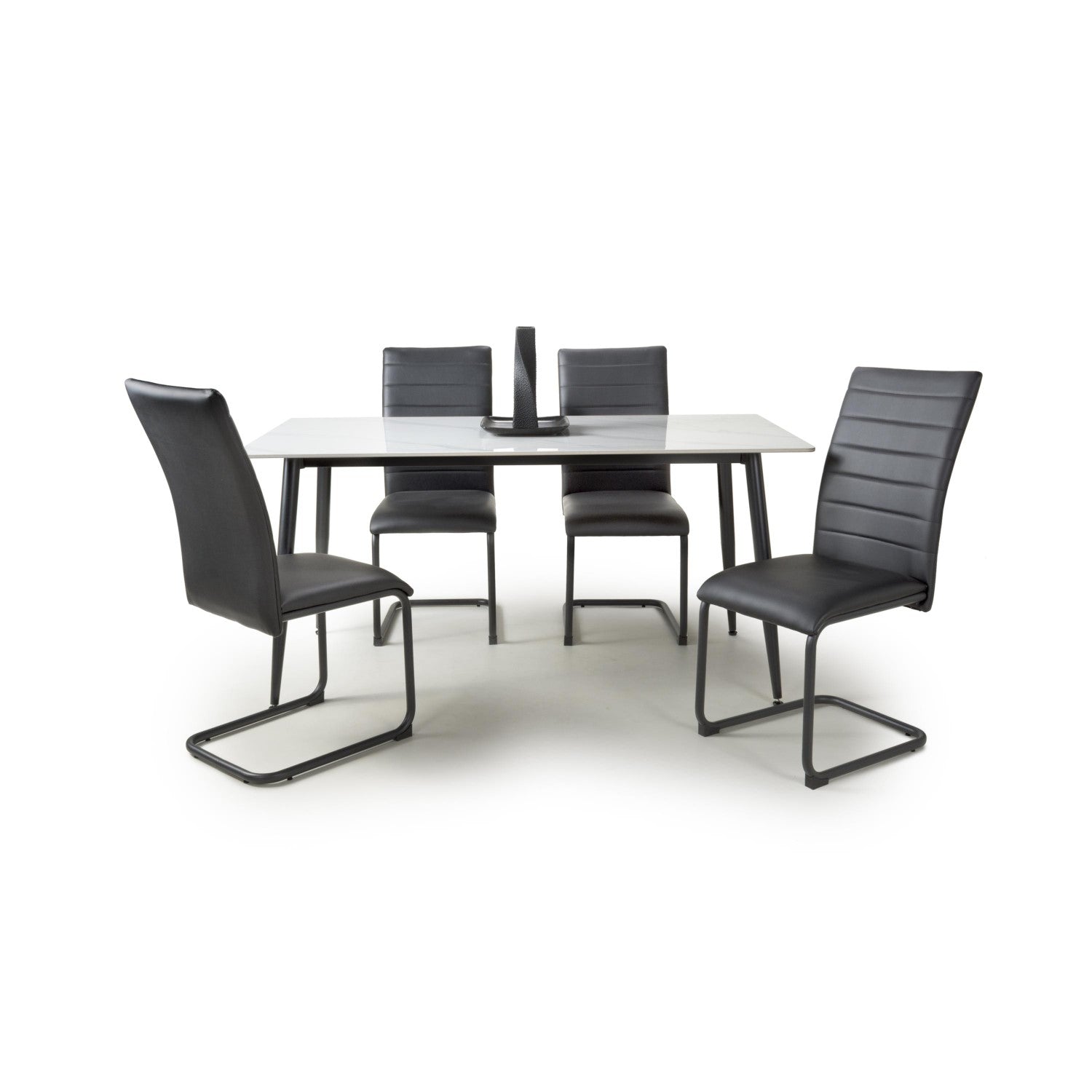 White Marble Effect 1.6m Dining Table Set with 4 Black Chairs