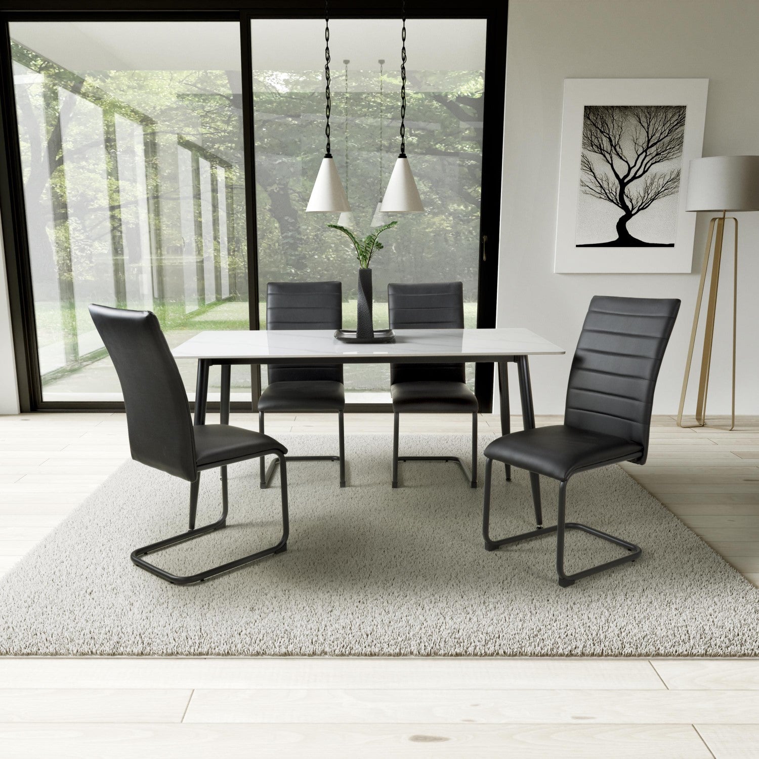 White Marble Effect 1.6m Dining Table Set with 4 Black Chairs