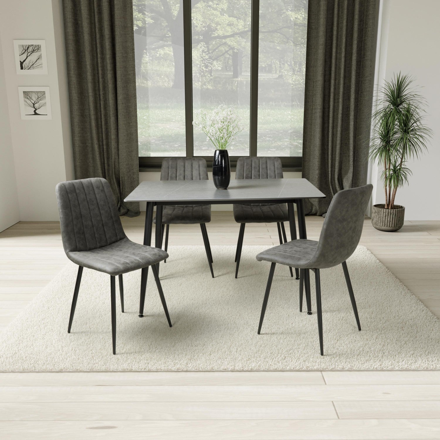 Grey Marble Effect 1.2m Dining Set with 4 Grey Fabric Chairs