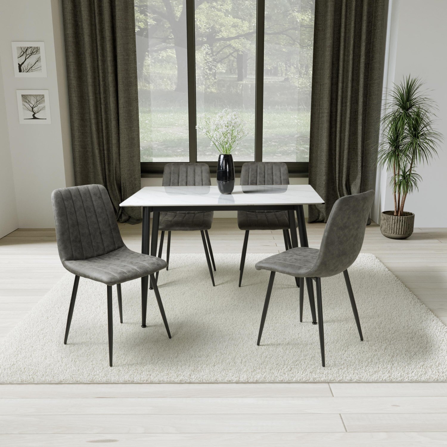 White Marble Effect 1.2m Dining Table Set with 4 Grey Chairs