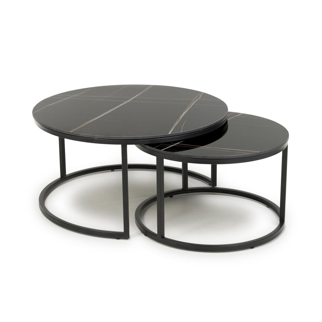 Black Marble Effect Round Nest of 2 Tables with Metal Legs