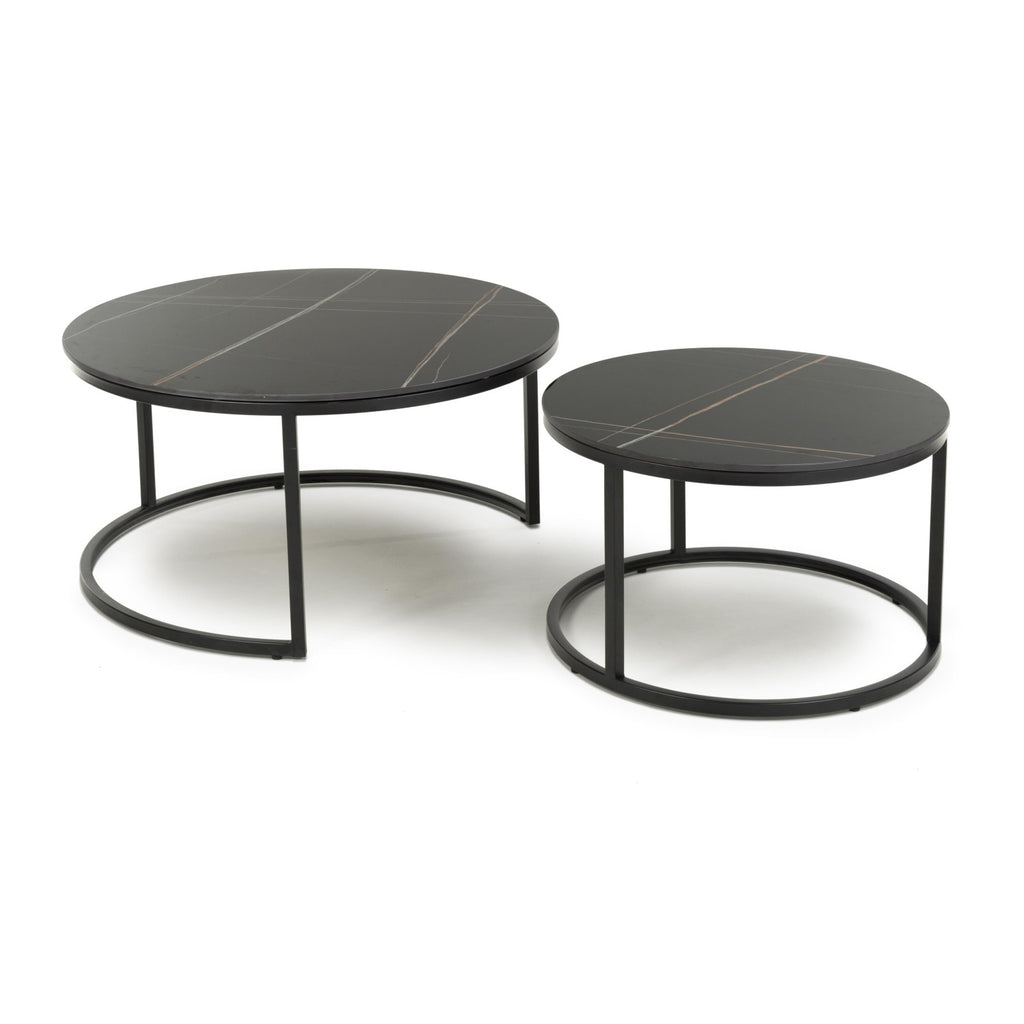 Black Marble Effect Round Nest of 2 Tables with Metal Legs