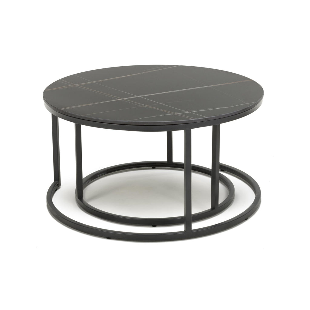 Black Marble Effect Round Nest of 2 Tables with Metal Legs