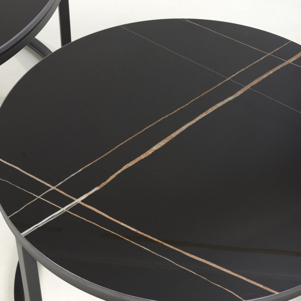 Black Marble Effect Round Nest of 2 Tables with Metal Legs