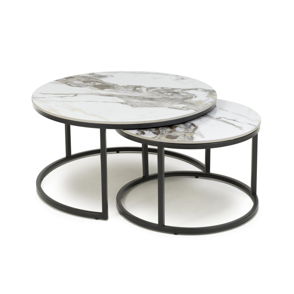 White Gold Texture Marble Effect Round Nest of 2 Tables